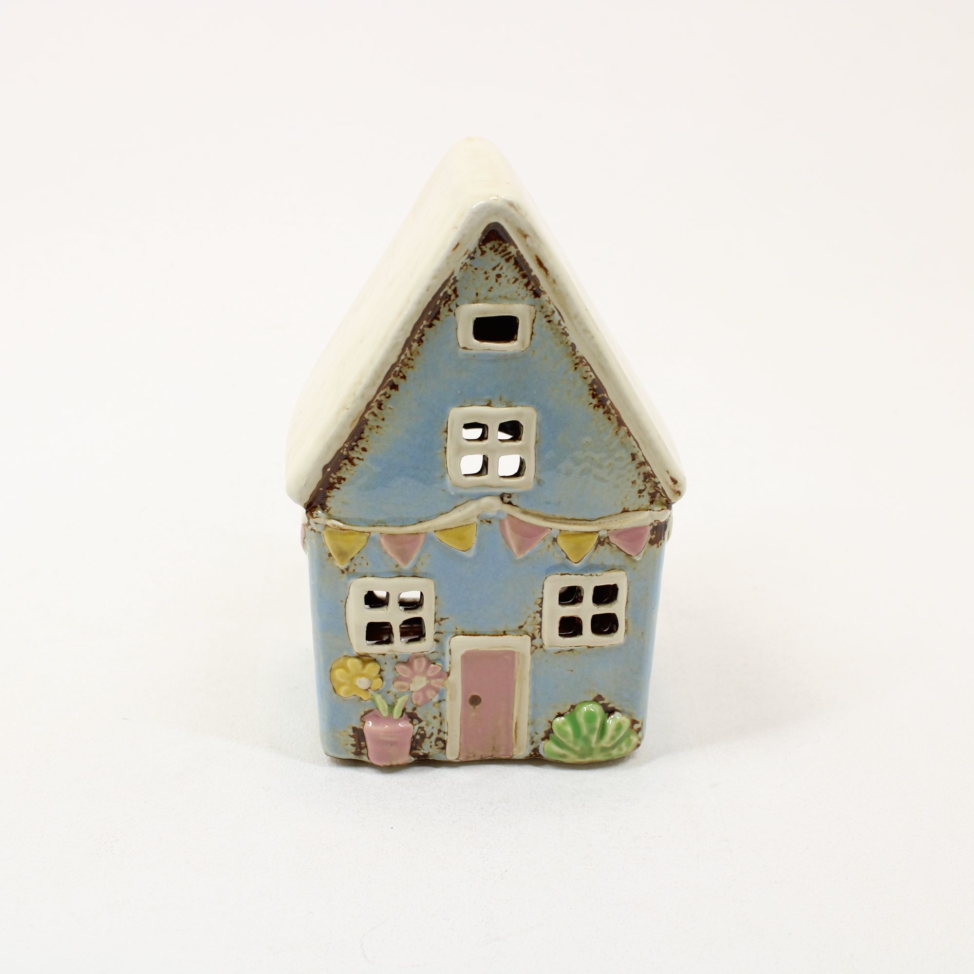 SHUDEHILL Village Pottery Garden Flags House Blue Tealight 340281